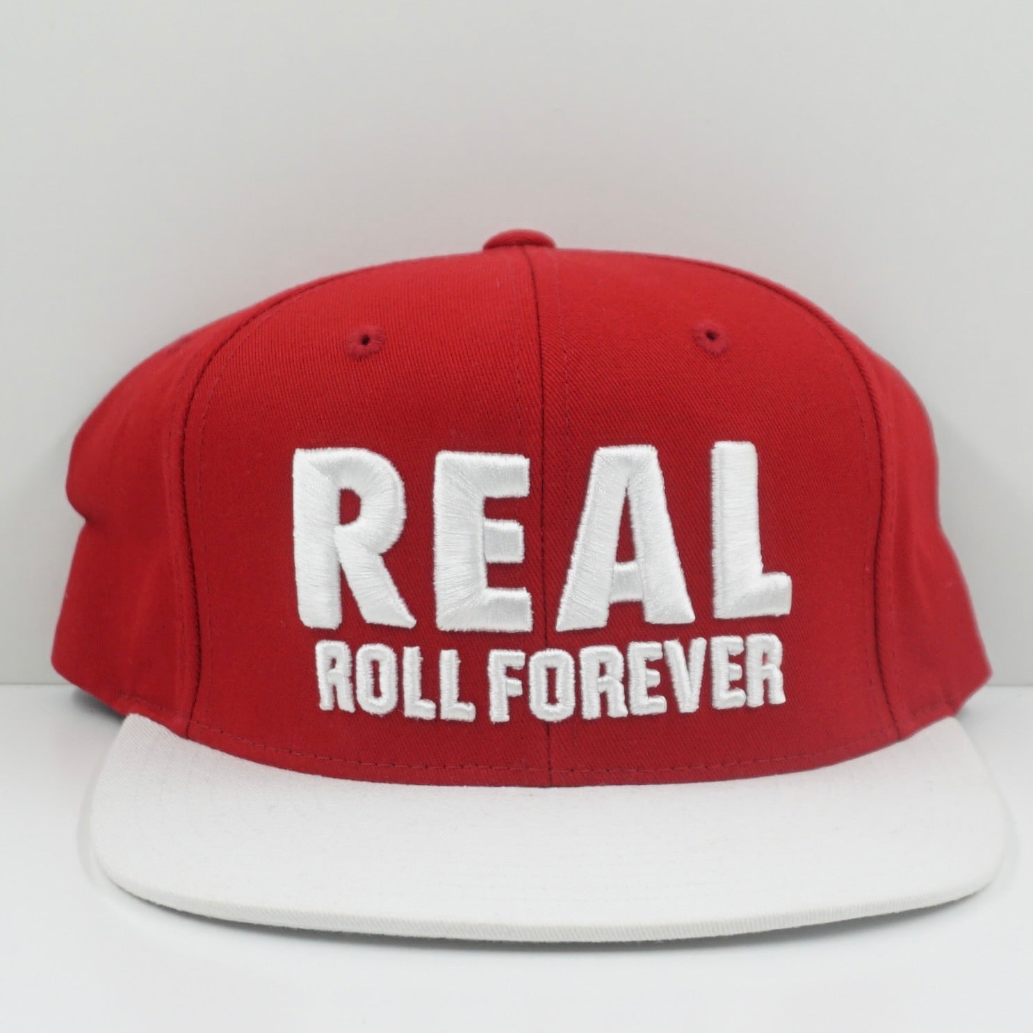 Real Skateboards Roll Forever Red White Snapback Cap Sample