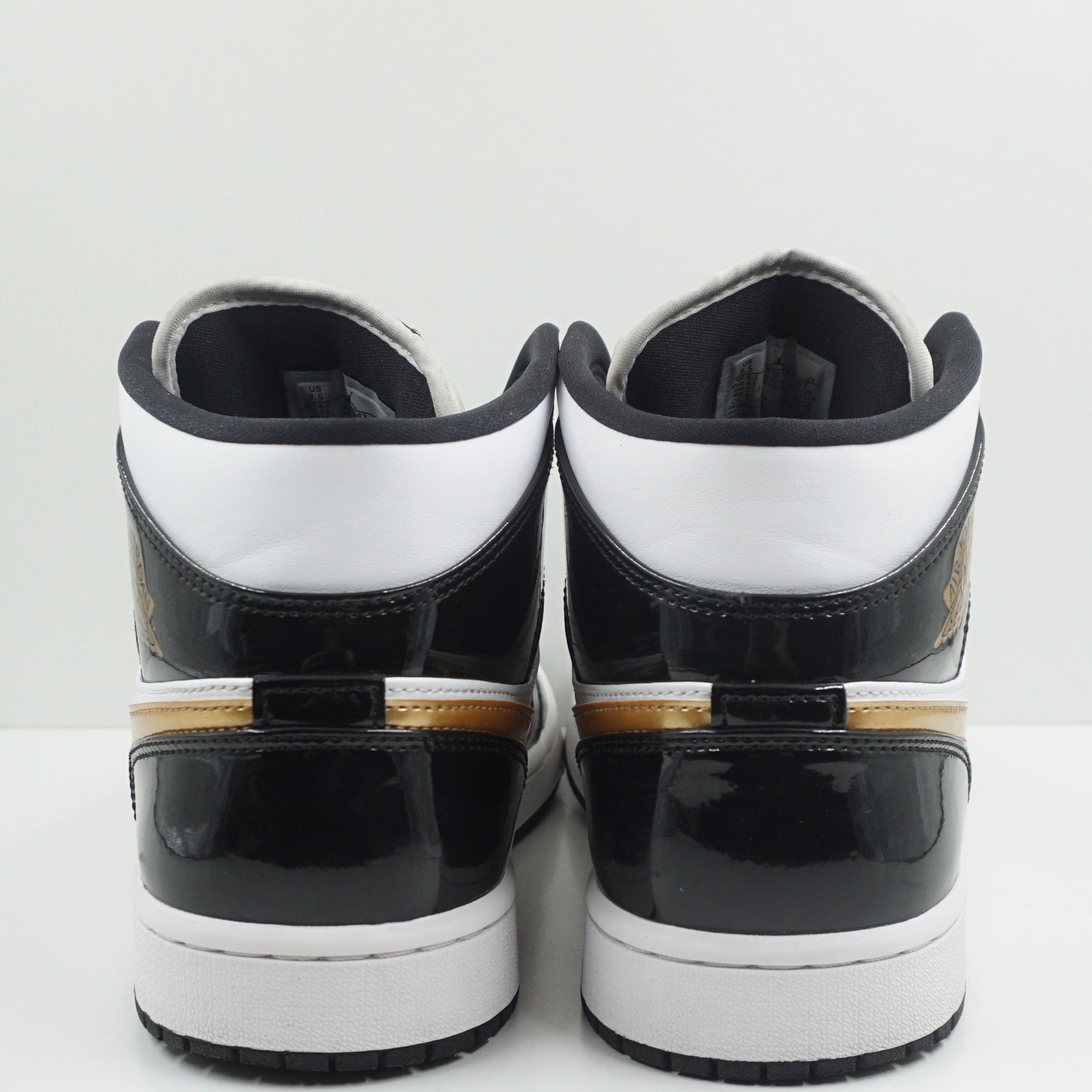 Jordan 1 Mid Patent Black White Gold