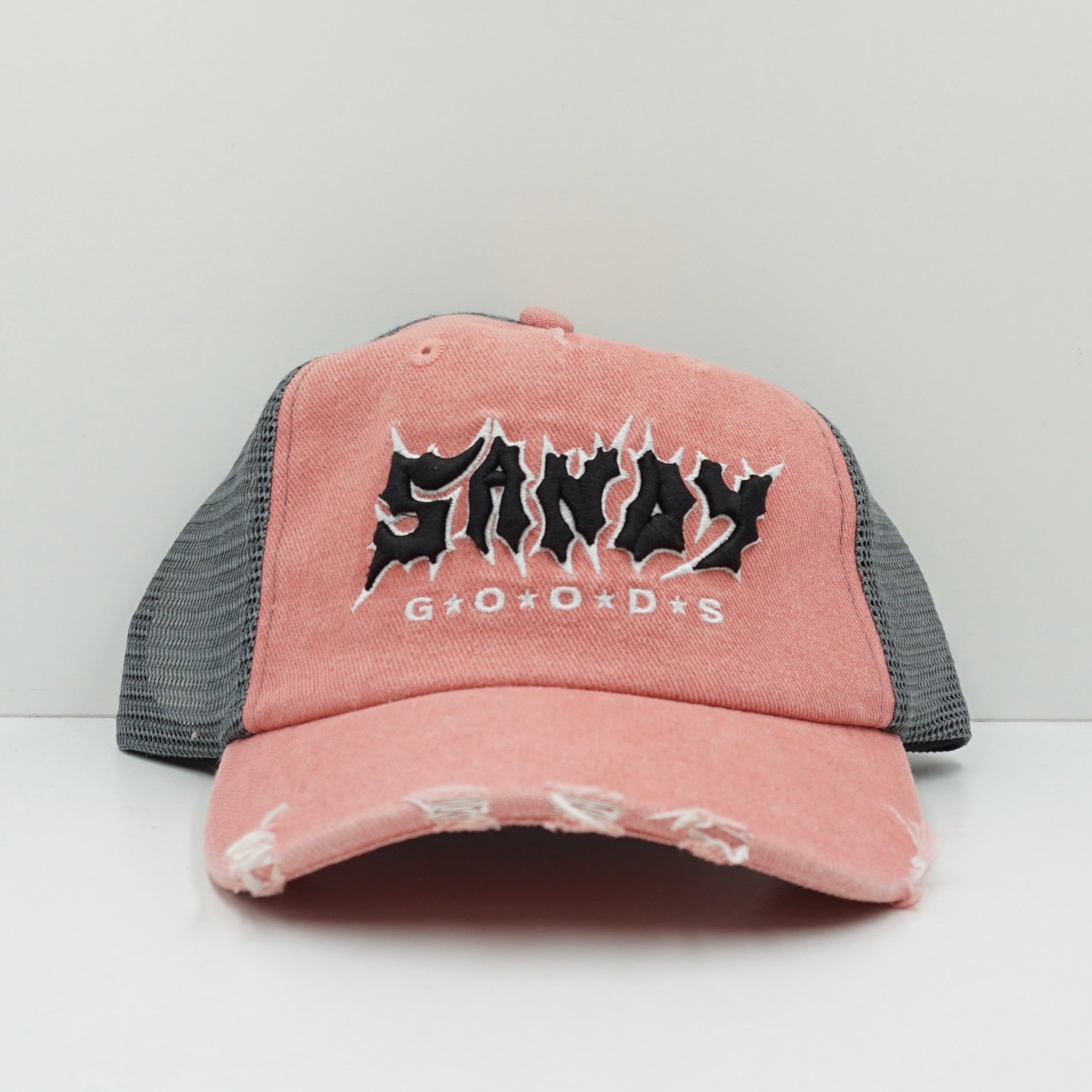 Sandy Goods Pink Grey Distressed Trucker Snapback Cap