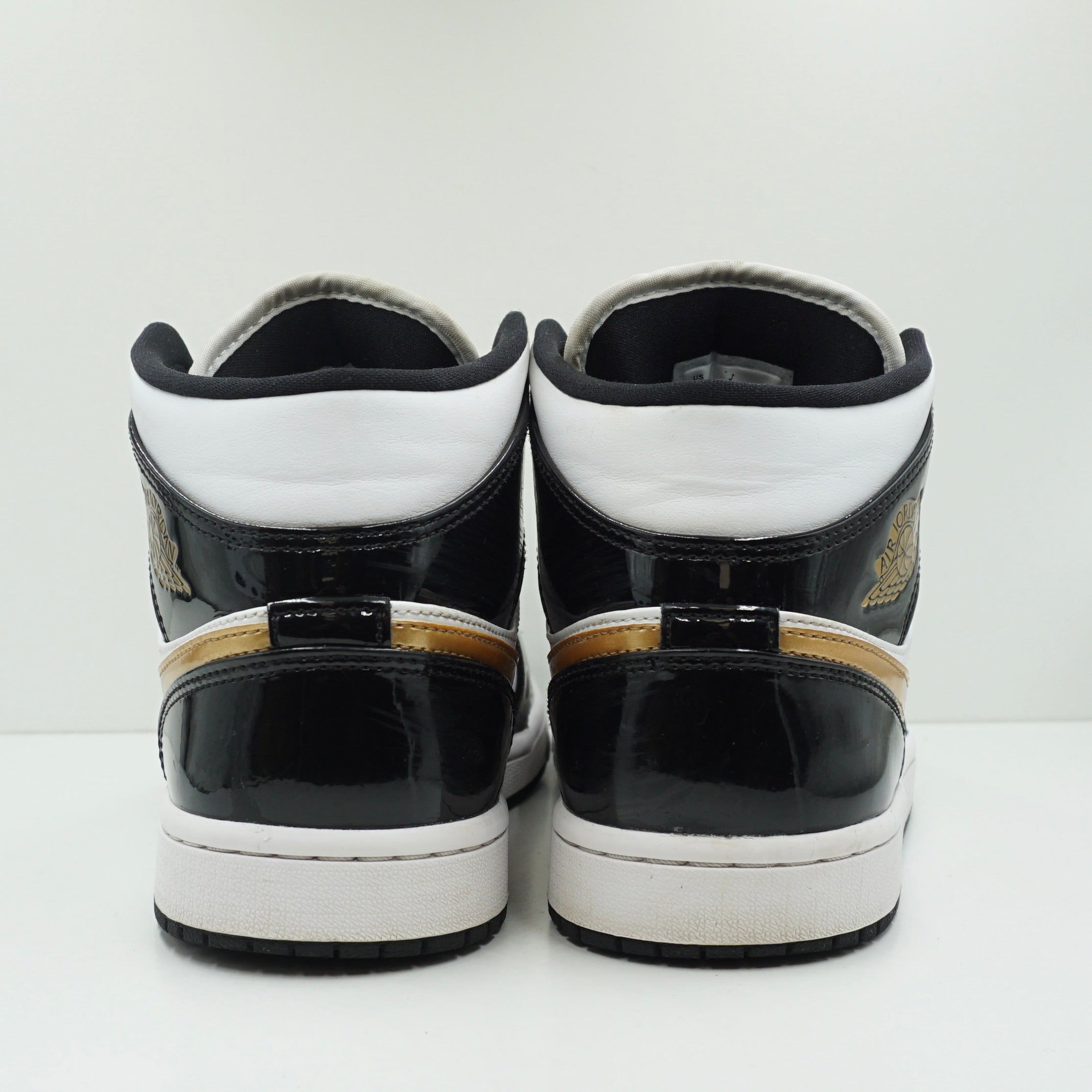 Jordan 1 Mid Patent Black White Gold