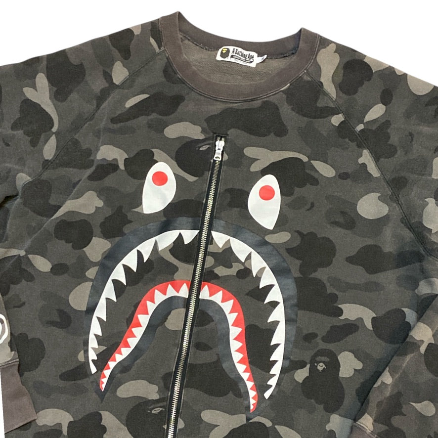 Bape Color Camo Metal Zip Shark Black Crewneck Sweatshirt