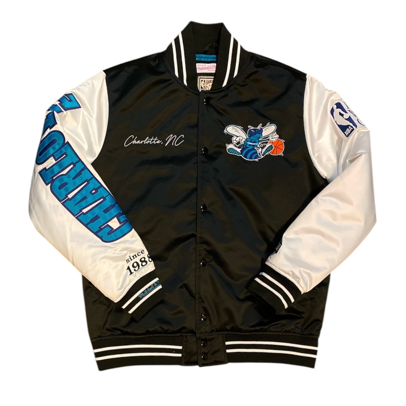 Mitchell & Ness Hardwood Classic Charlotte Hornets Team Origins Satin Full Snap Black Jacket