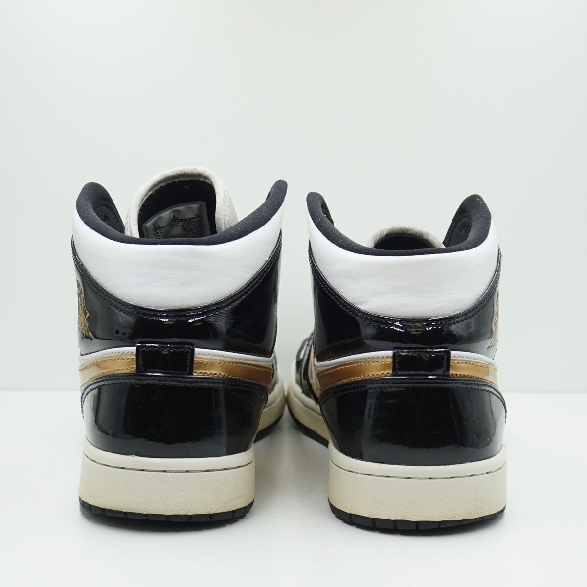 Jordan 1 Mid Patent Black White Gold