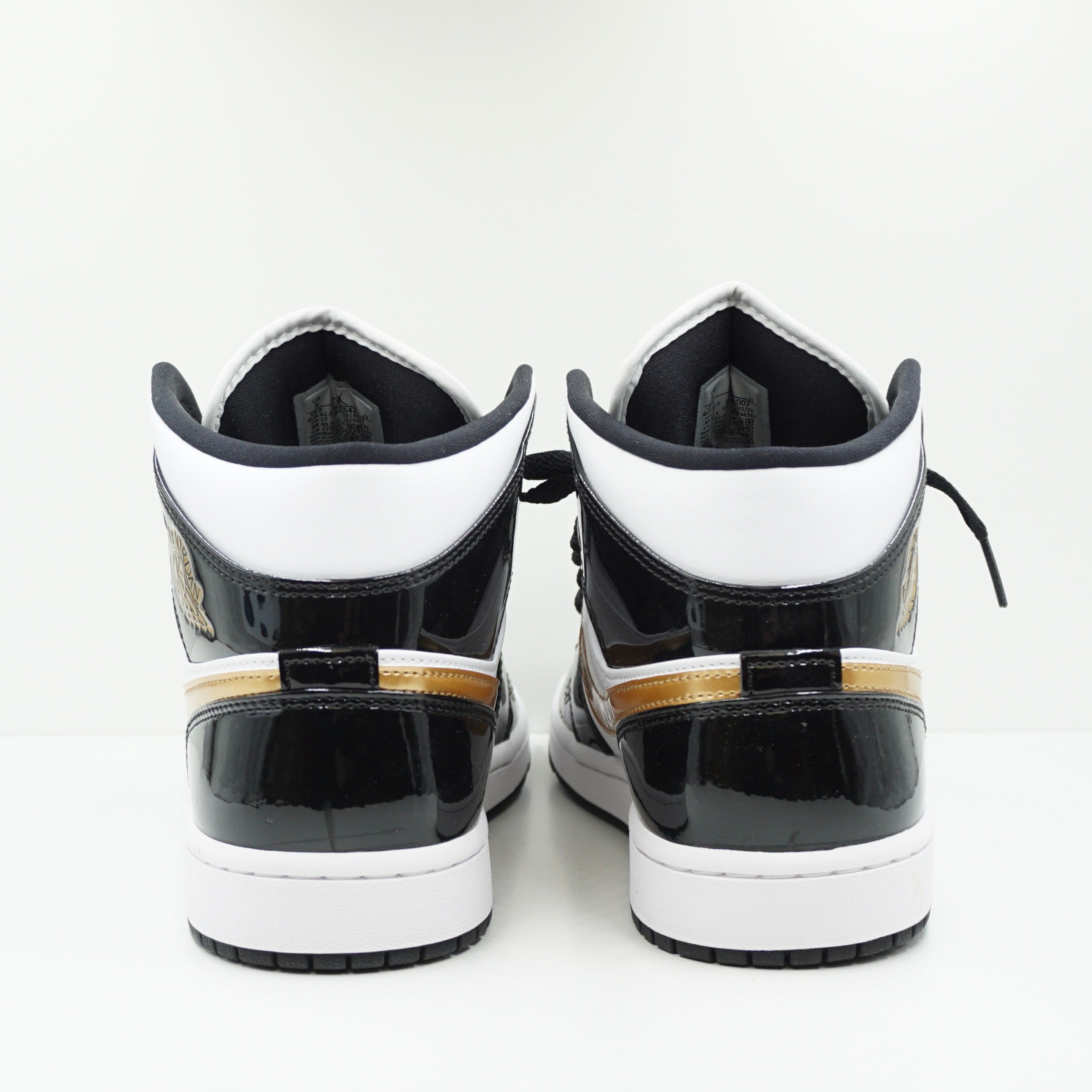 Jordan 1 Mid Patent Black White Gold