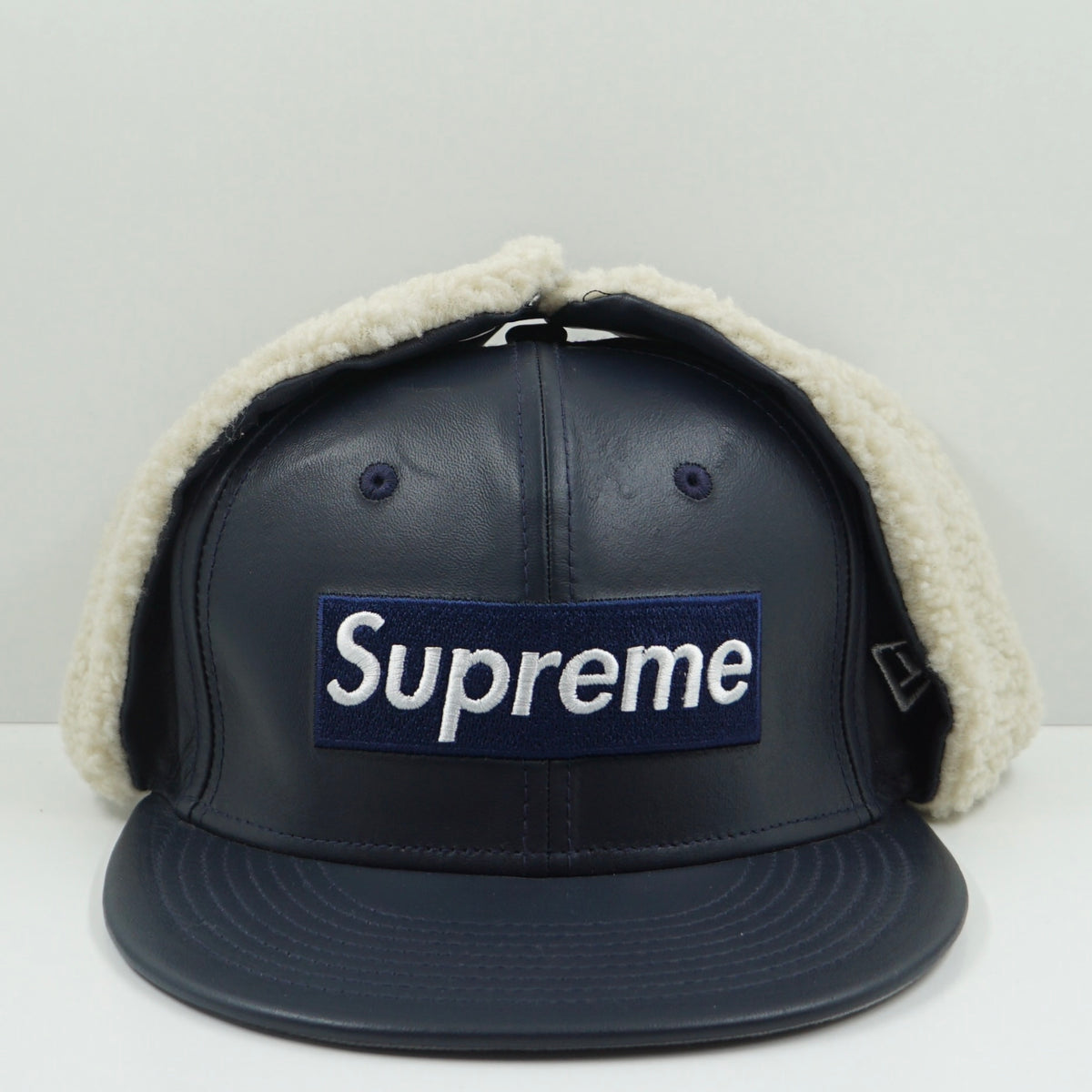 Supreme FW22 Leather Earflap Box Logo New Era Navy Fitted Cap