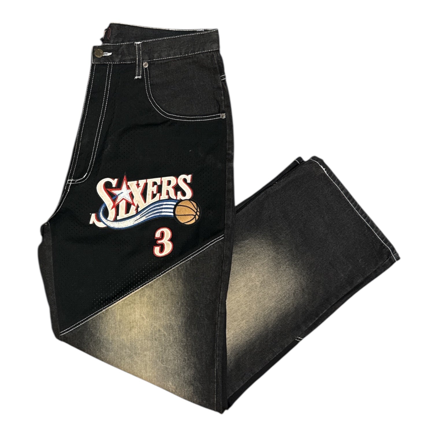 Vintage Unk Denim NBA 76sixers Allan Iversson Washed Black Patchwork Jeans