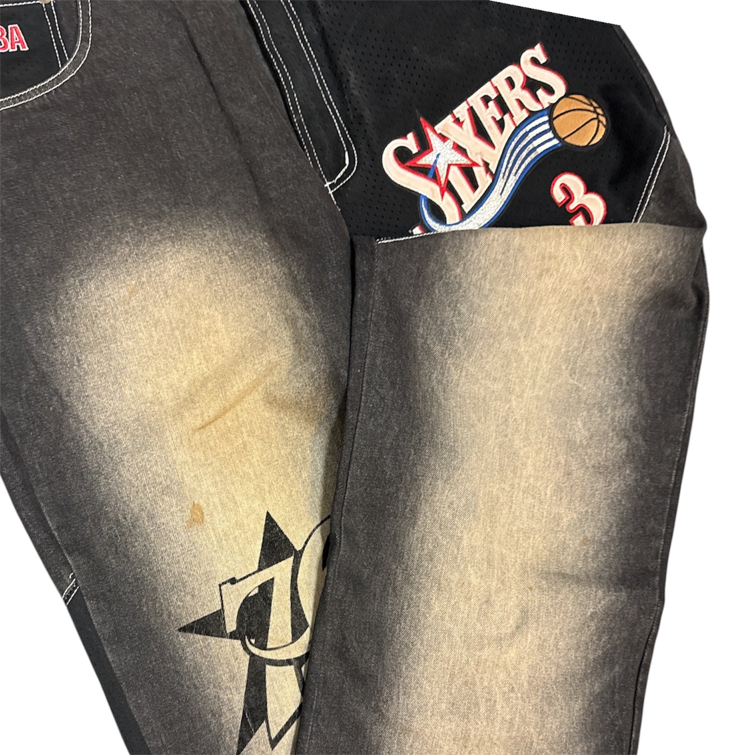 Vintage Unk Denim NBA 76sixers Allan Iversson Washed Black Patchwork Jeans
