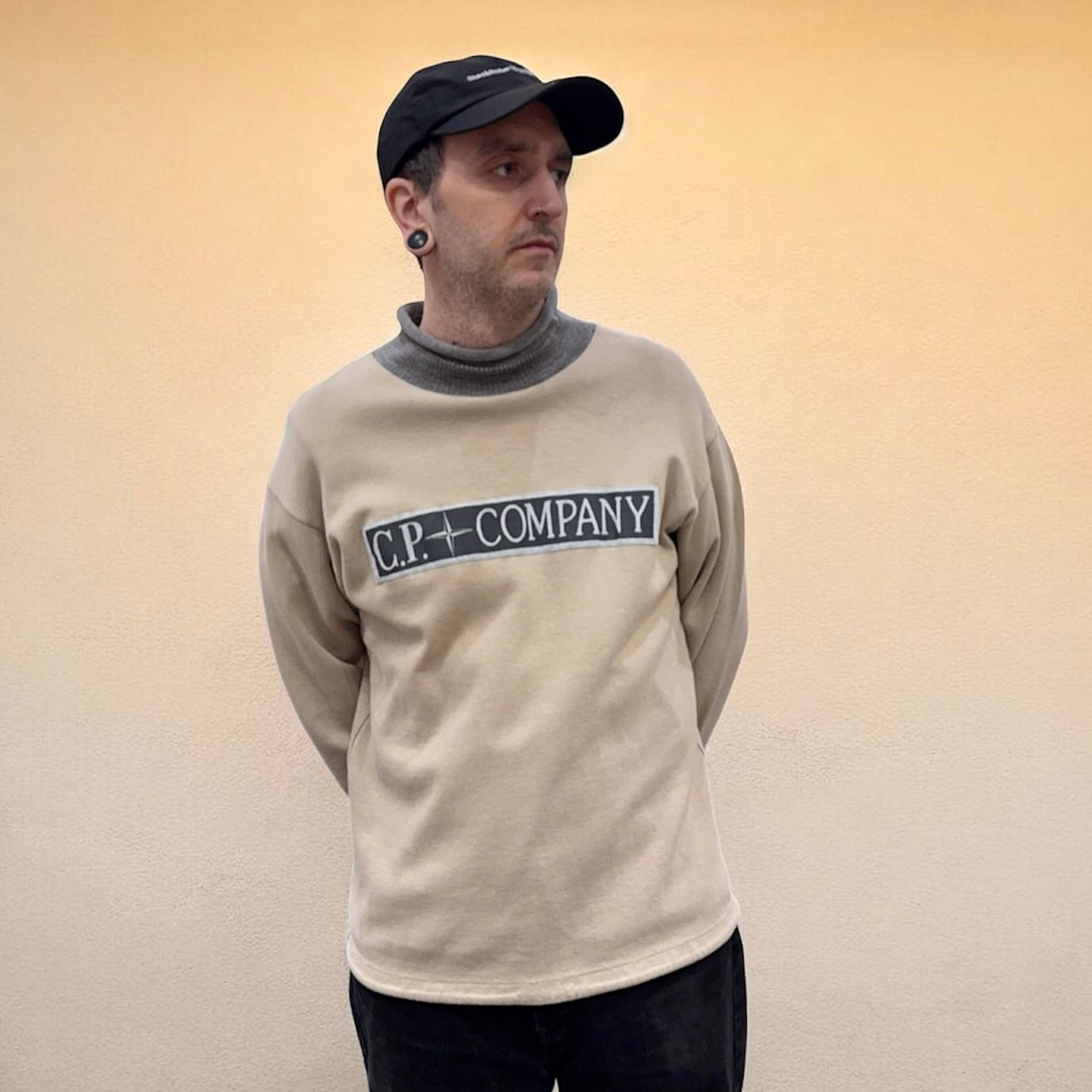 Vintage C.P Company Made In Japan Mock Neck Logo Beige Sweatshirt