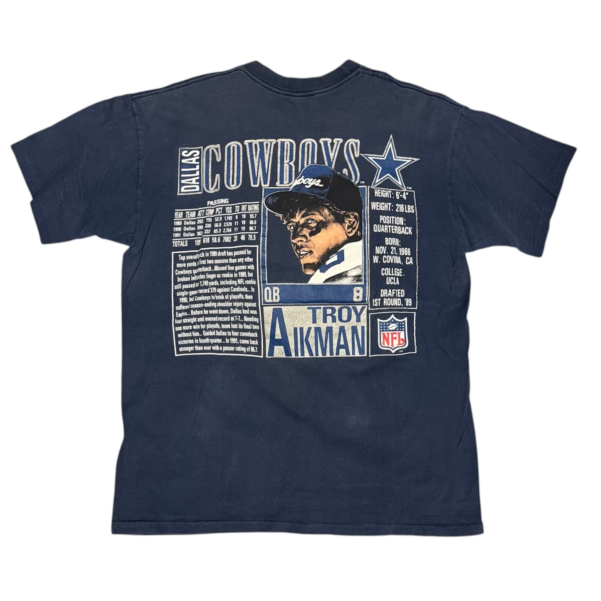 Vintage 1990s Nutmeg Dallas Cowboys Troy Aikman Navy Tshirt