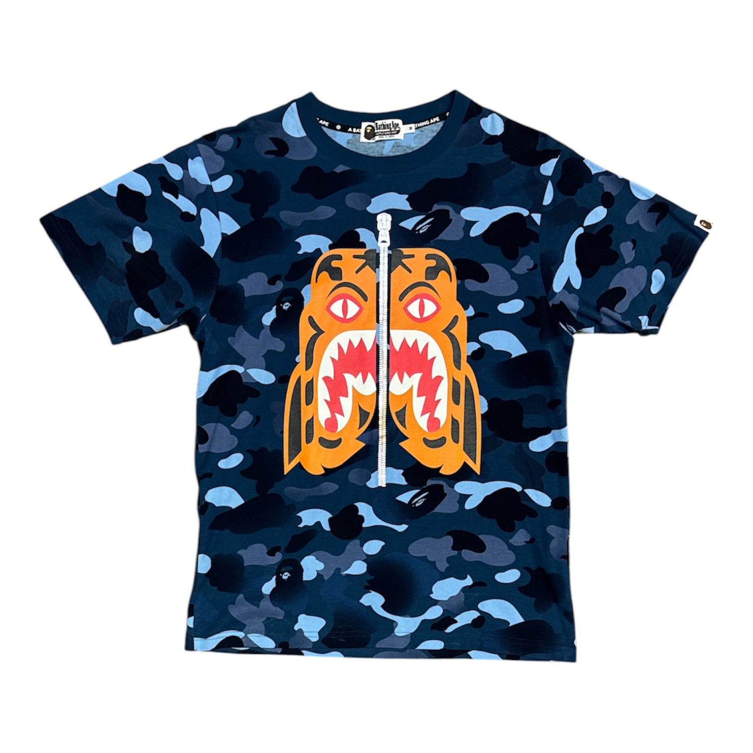 A Bathing Ape Tiger Shark Face Funthera Militia 1st Camo Navy Tshirt