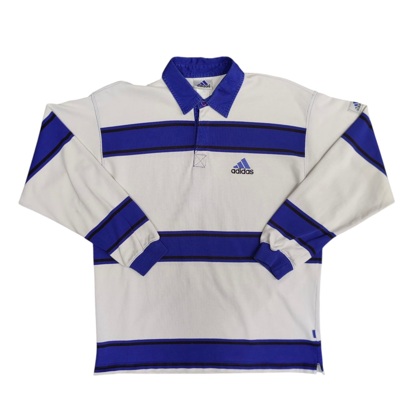 Vintage Adidas White Blue Striped Polo Long Sleeve