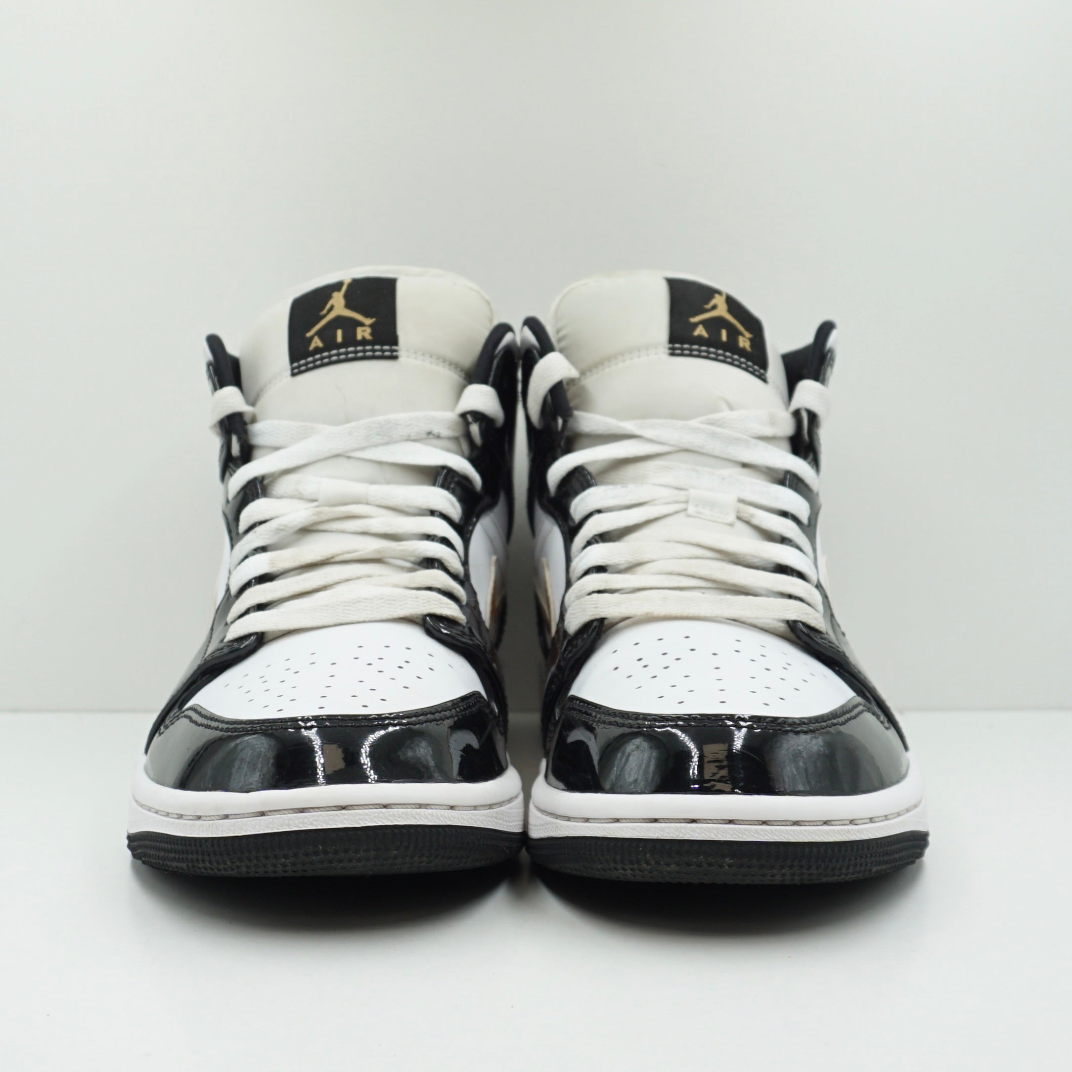 Jordan 1 Mid Patent Black White Gold