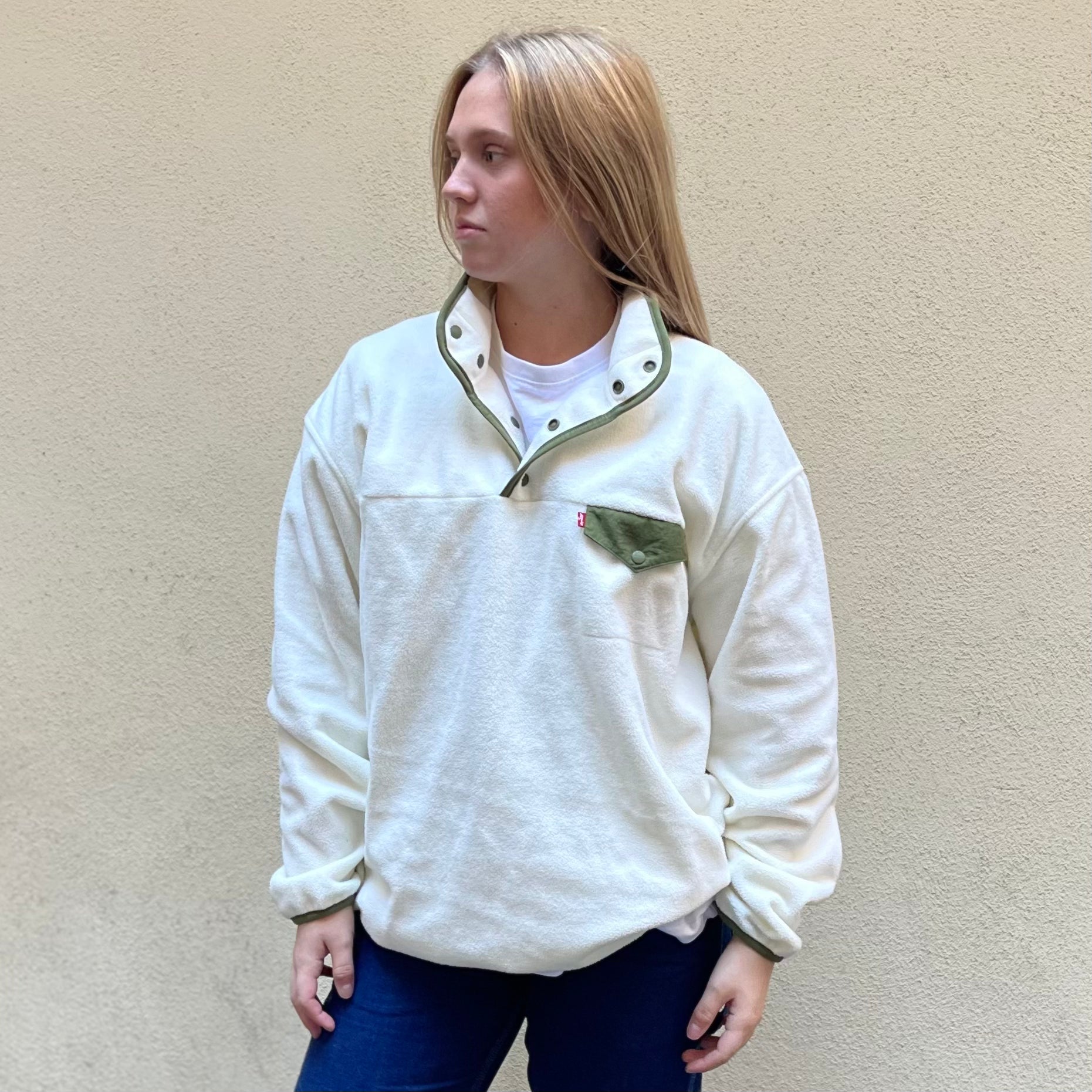Levis Barstow Half Snap White Green Fleece Long Sleeve