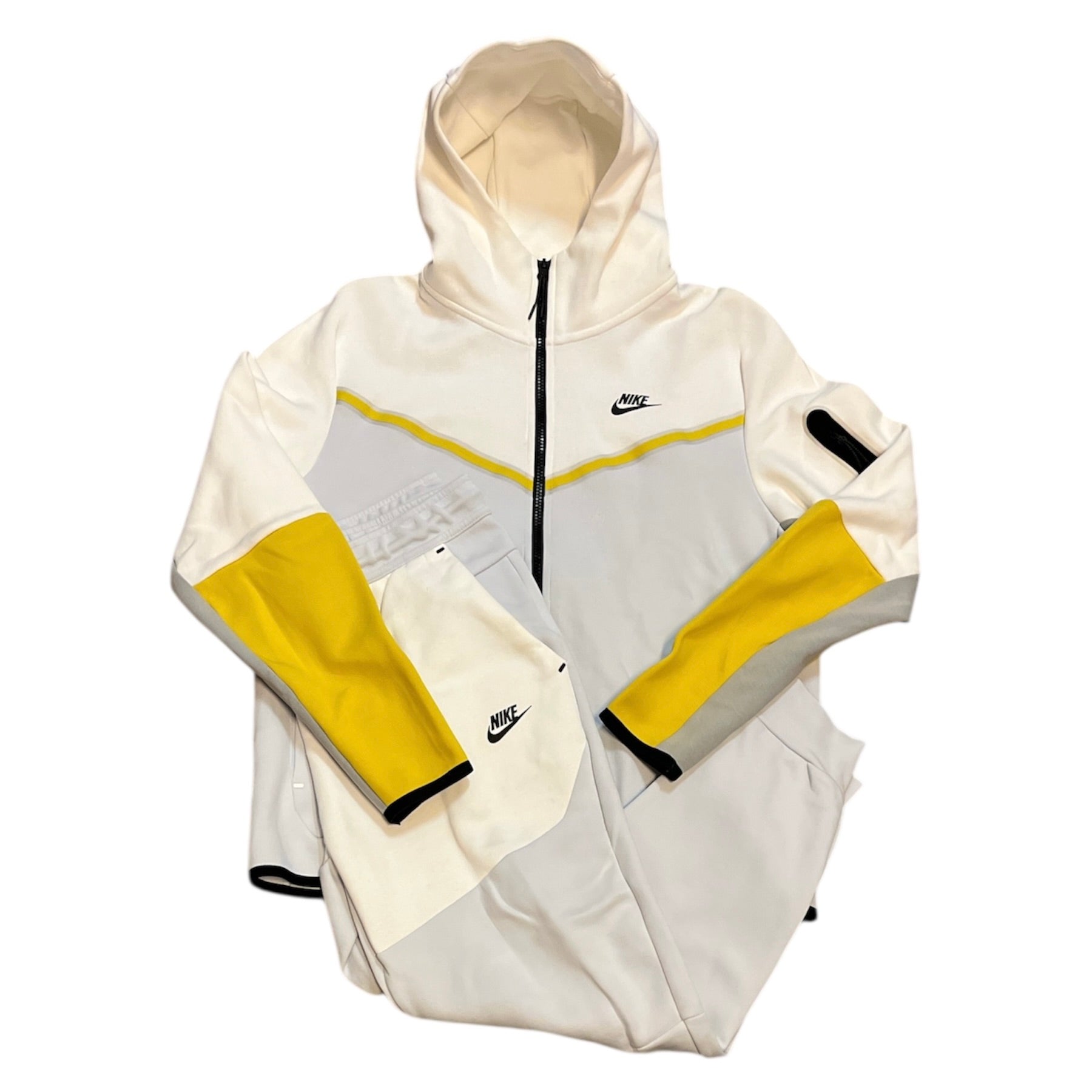 Nike Tech Fleece Full Zip Hoodie & Pants White Yellow Set