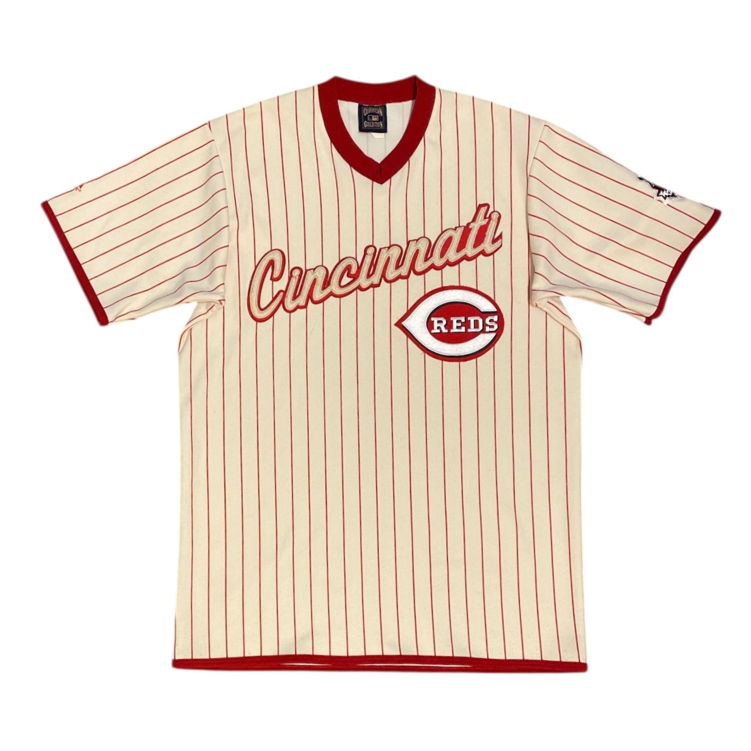 Majestic Cincinnati Reds Cooperstown Collection White Red Striped Baseball Jersey