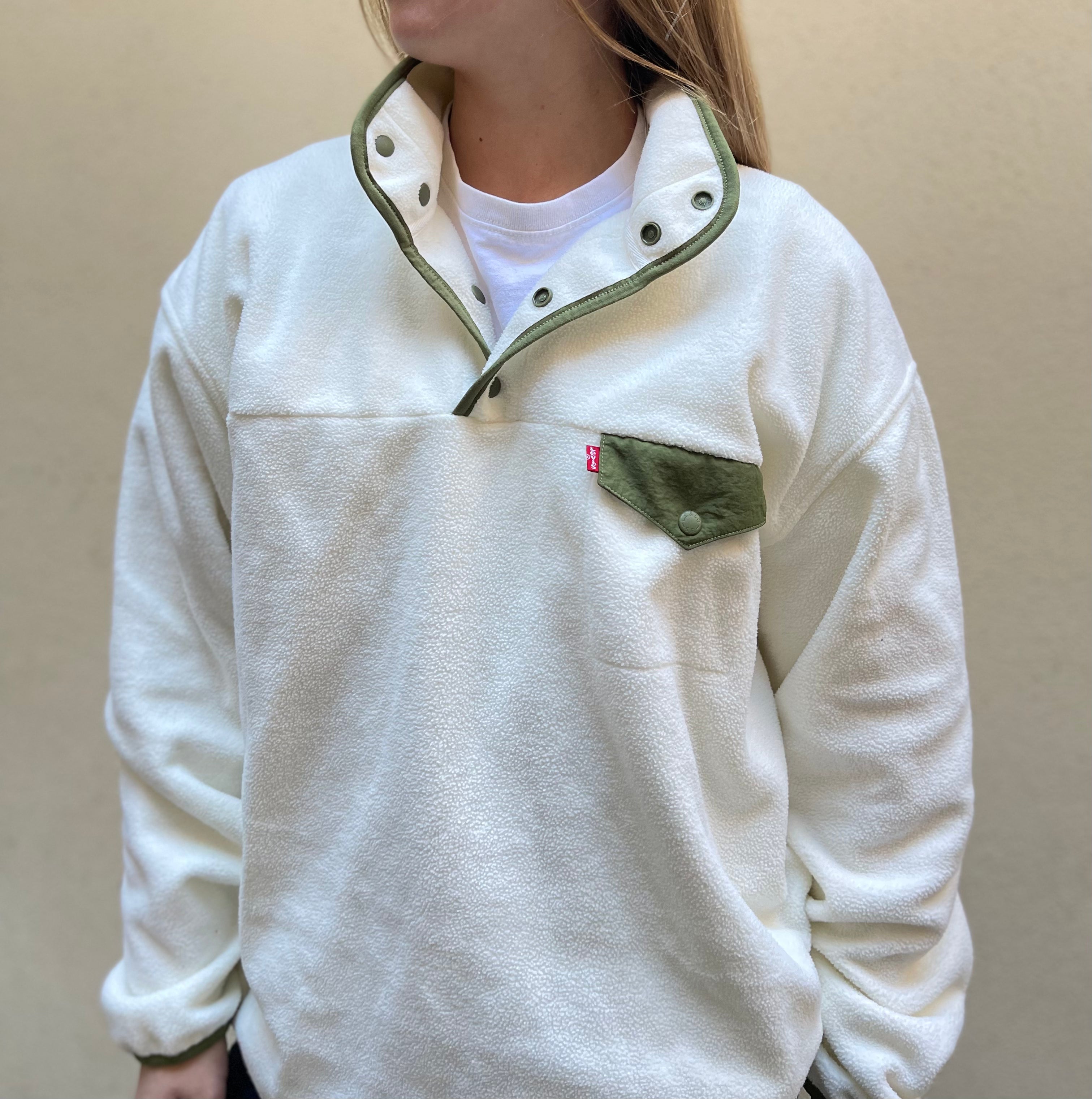 Levis Barstow Half Snap White Green Fleece Long Sleeve