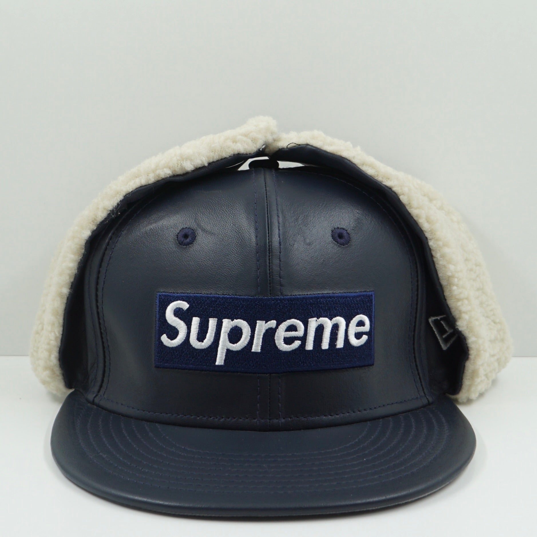 Supreme FW22 Leather Earflap Box Logo New Era Navy Fitted Cap
