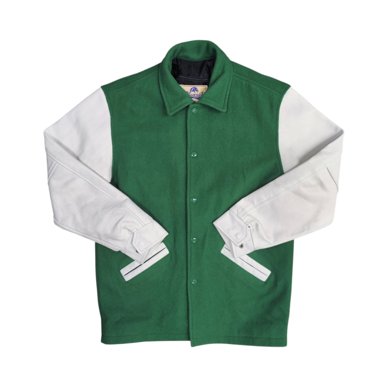 Maverick Awards Medium Varsity Green White Leather Letterman Jacket
