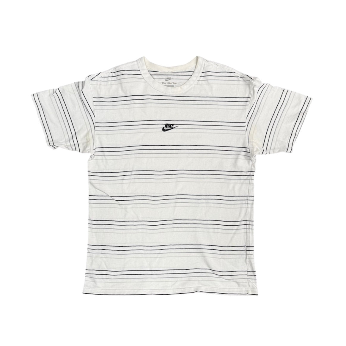 Nike Sportswear Premium Essentials White Grey Striped Loose Fit Tshirt
