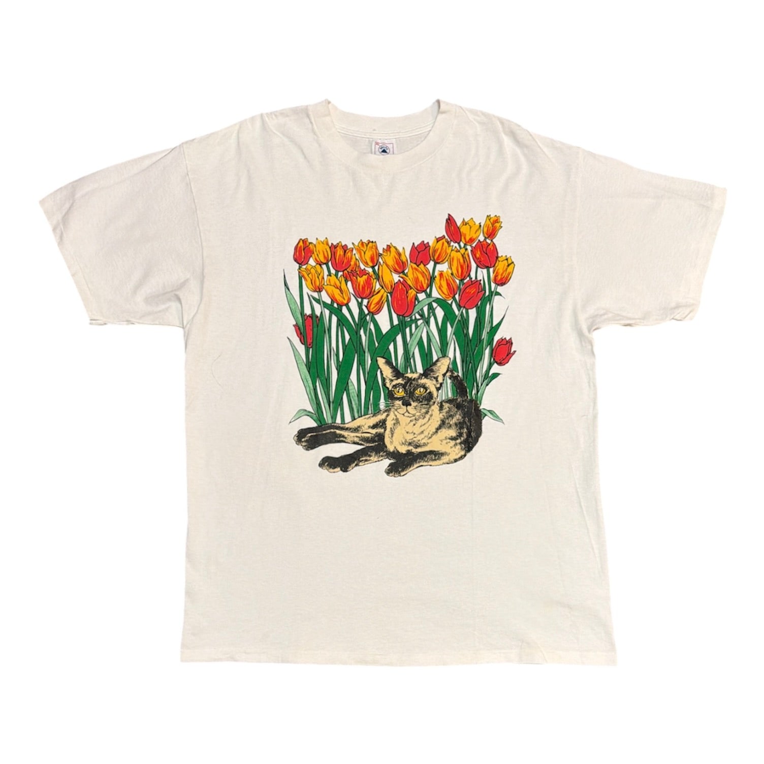 Vintage Delta Cat & Tulips White Tshirt